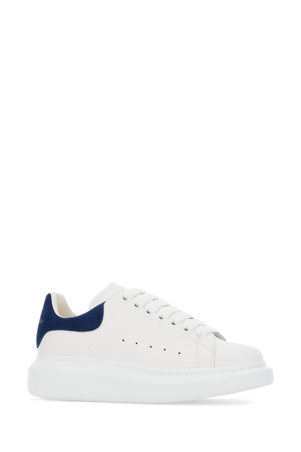 Shop Alexander Mcqueen White Leather Sneakers With Blue Suede Heel In Bianco