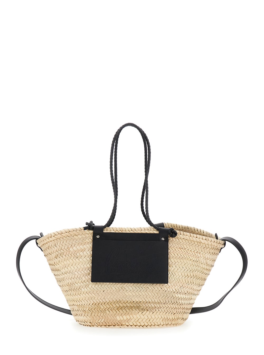 Castañer campania/152 Black Tote Bag With Perforated Logo Lettering On The Front And Removable Leather Shoulder Strap In Rafia Woman