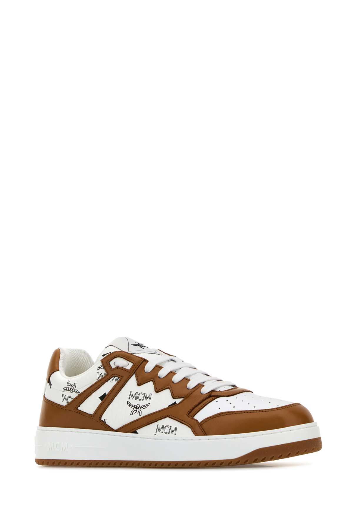 Shop Mcm Printed Canvas Neo Terrain Sneakers In Cognacoffwhite