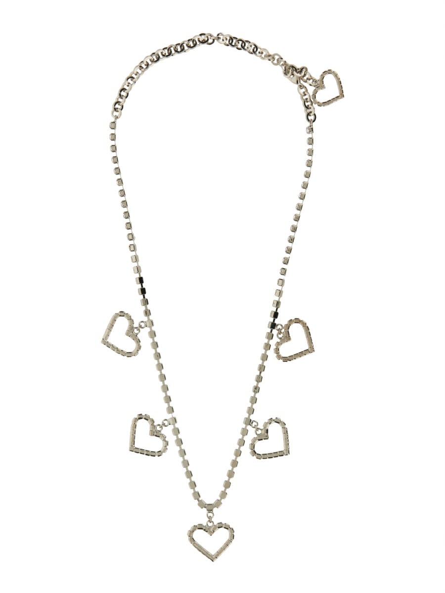 Alessandra Rich Crystal Necklace With Heart Pendants In Cry-silver