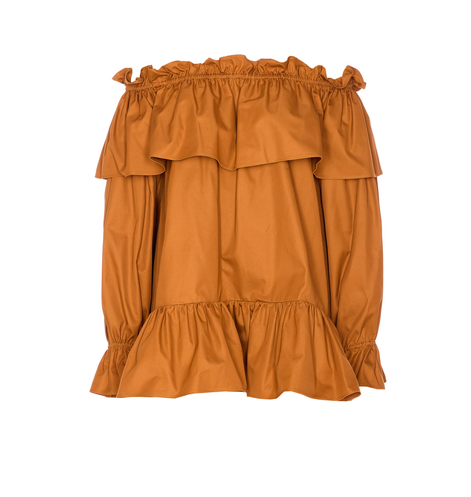 Saint Laurent Brown Ruffle Dress With Bare Shoulders In Cotton Twill Woman