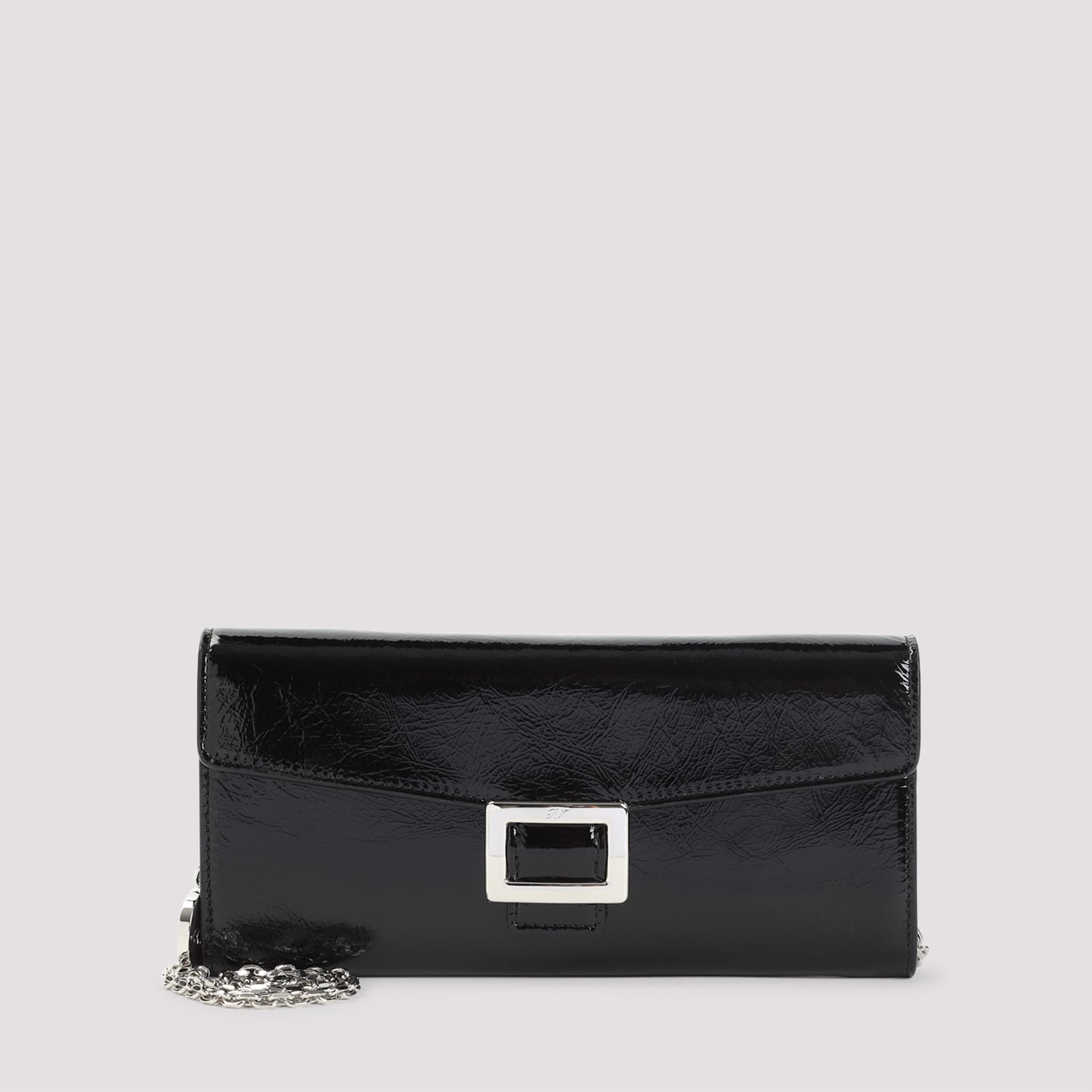 Roger Vivier Patent Leather Belle Vivier Wallet On Chain In Black