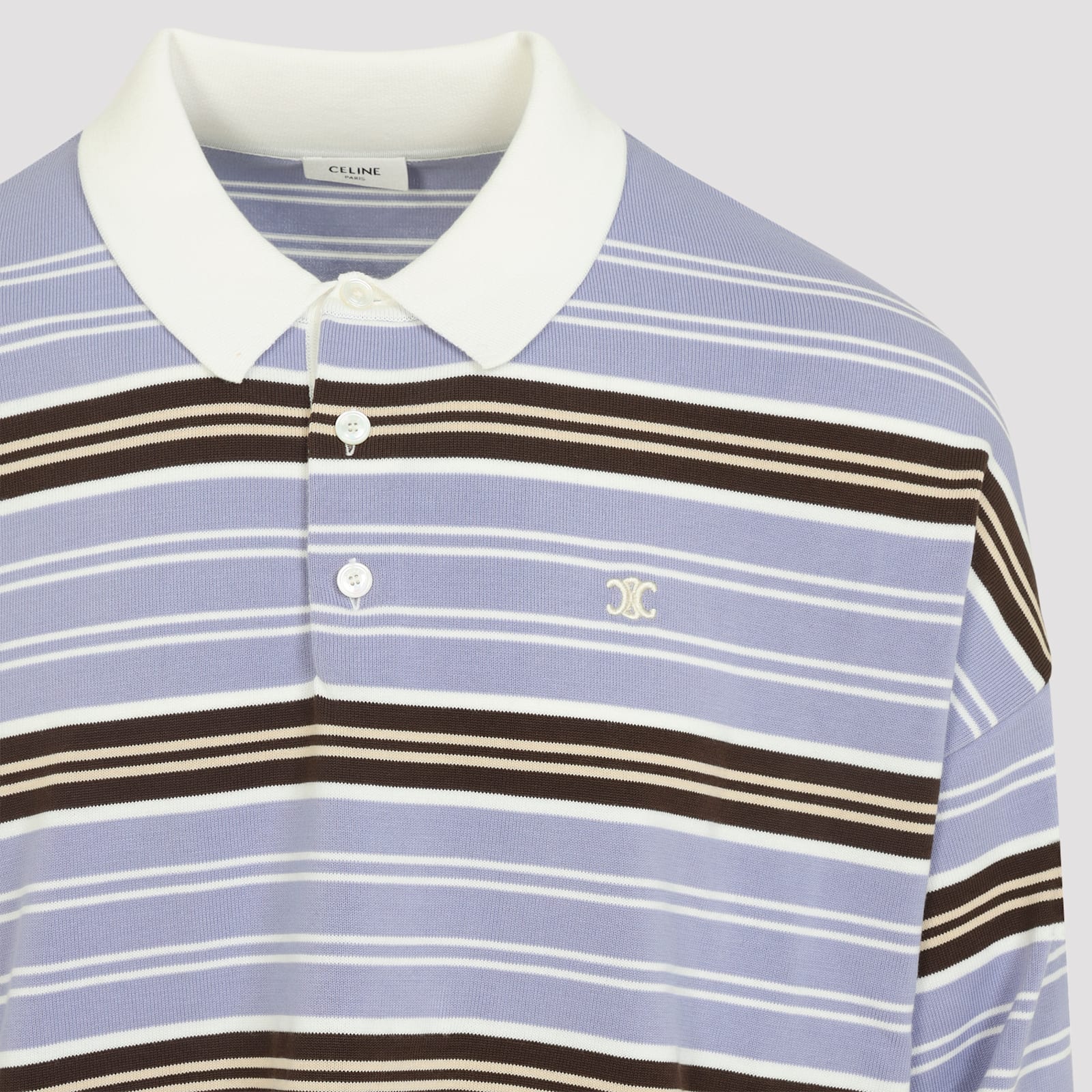 Celine Polo Sweater In Striped Cotton In Blue