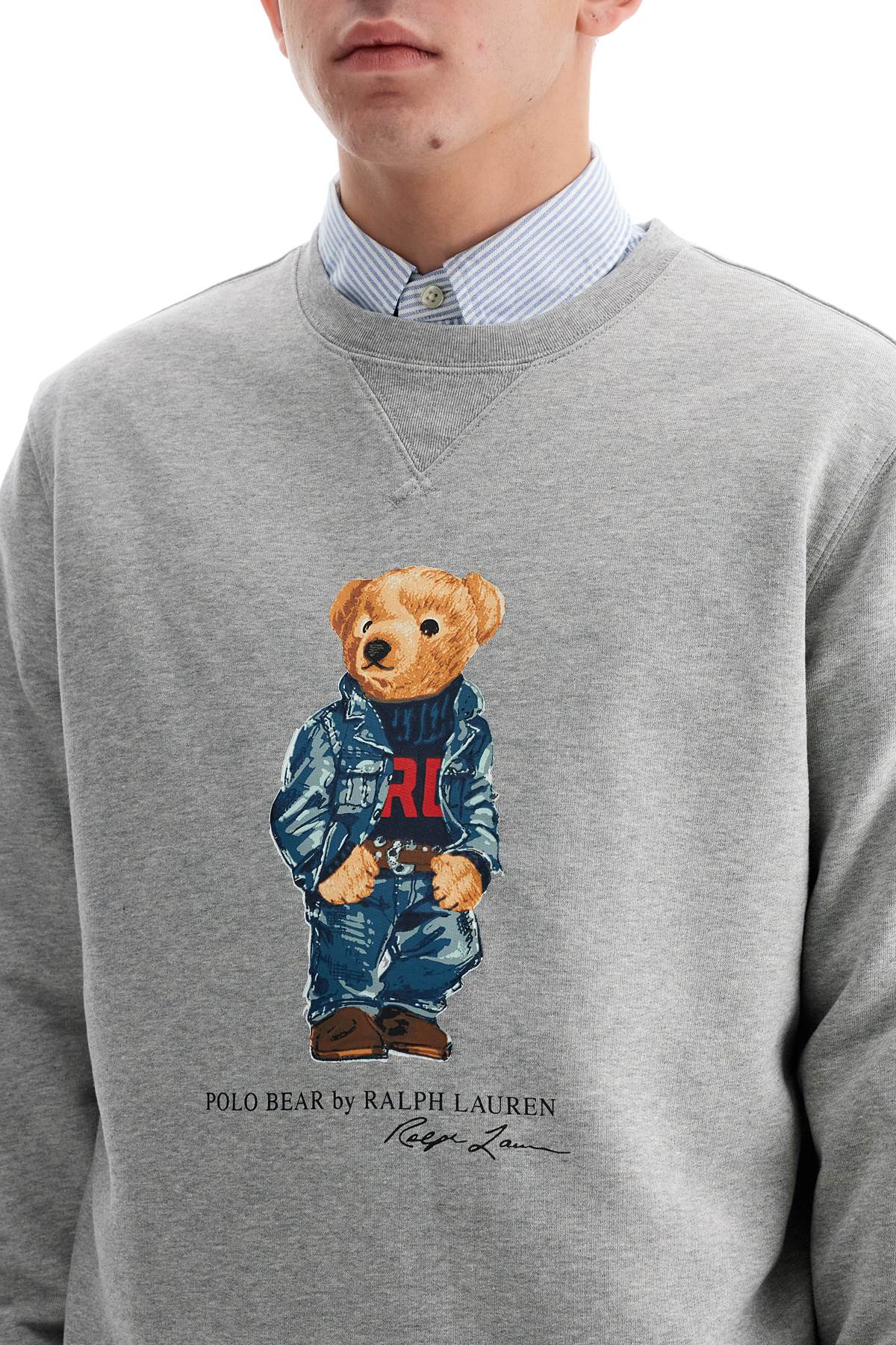 Shop Polo Ralph Lauren Polo Bear Crewneck Sweat In F24 Andover Hthr Denim Bear (grey)