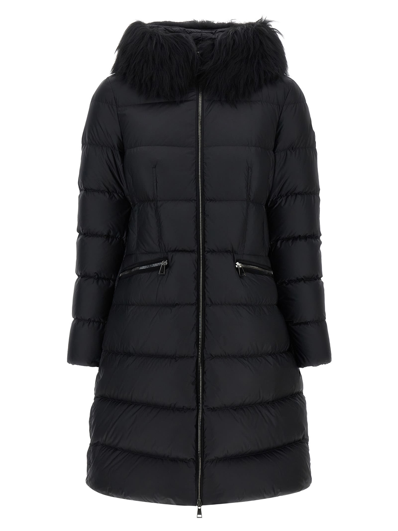 Moncler Boedic Hooded Shearling-trimmed Long Down Jacket Clothing In Black