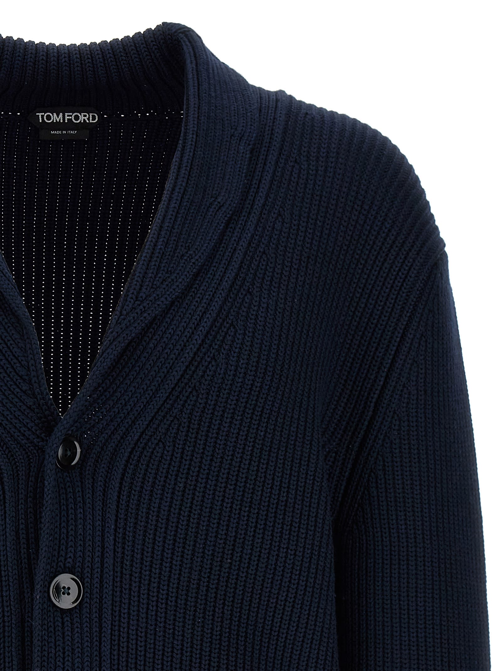 Tom Ford Silk Cardigan With Front Pockets And Shawl Collar In Blue