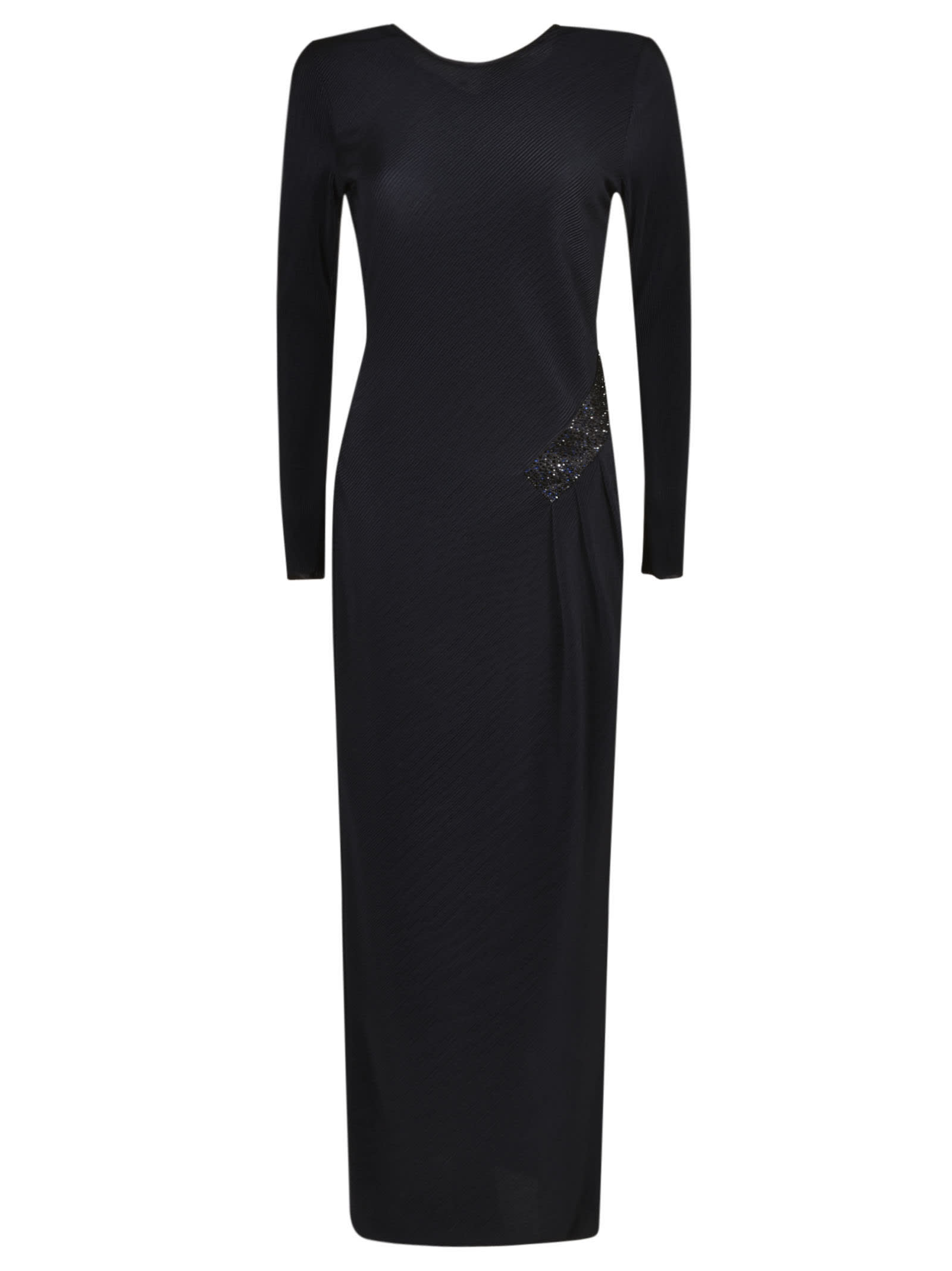 Giorgio Armani Embellished Waist Longsleeved Gathered Dress In Blue Notte
