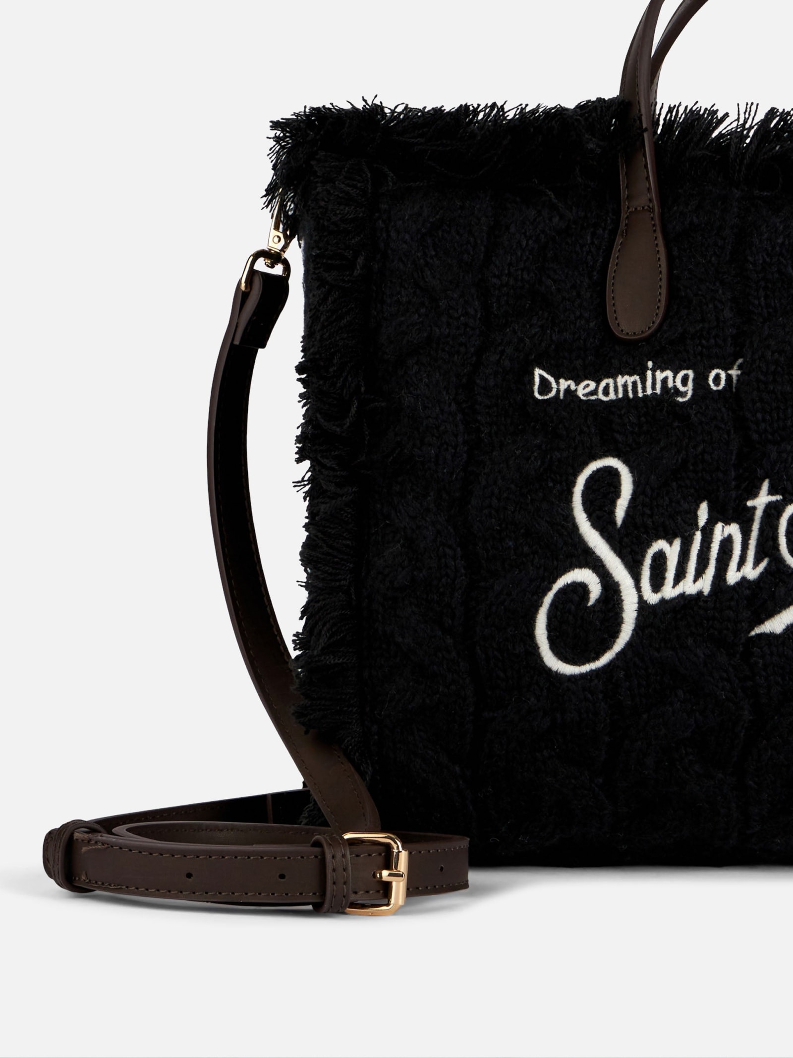 Mc2 Saint Barth Braid Tricot Black Colette Handbag With Fringes In Black