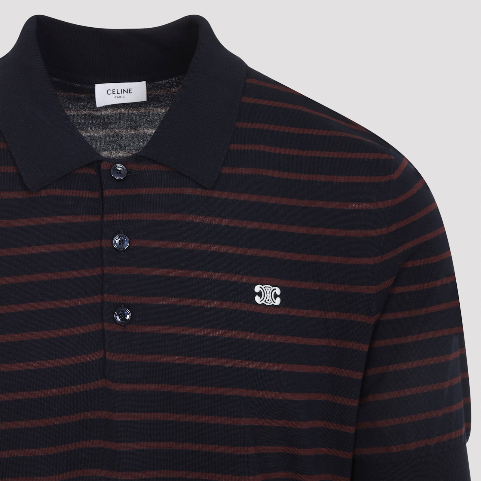 Celine Striped Short-sleeved Polo Sweater With Ribbed Hem In Black