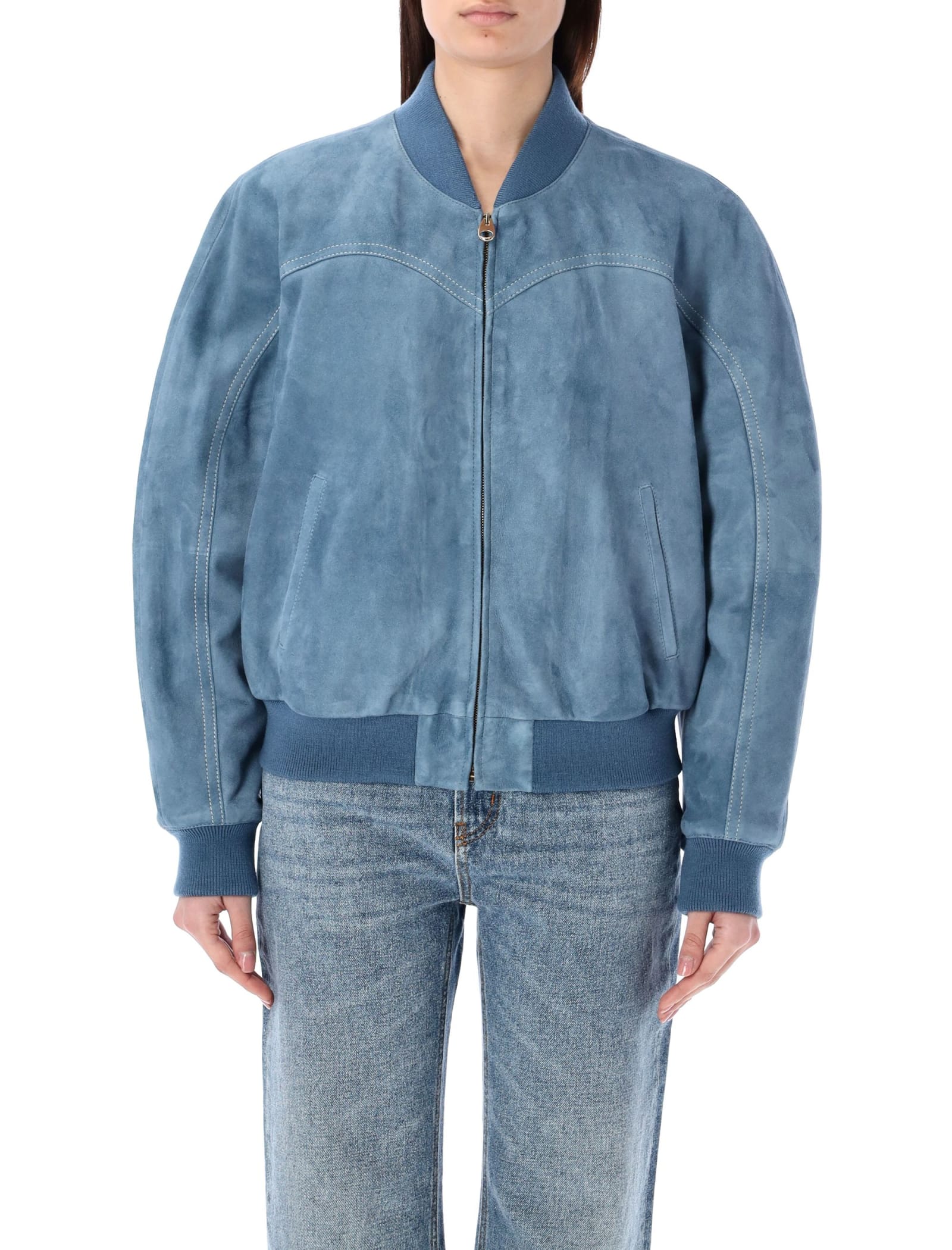 Shop Chloé Leather Bomber Jacket In Light Blue