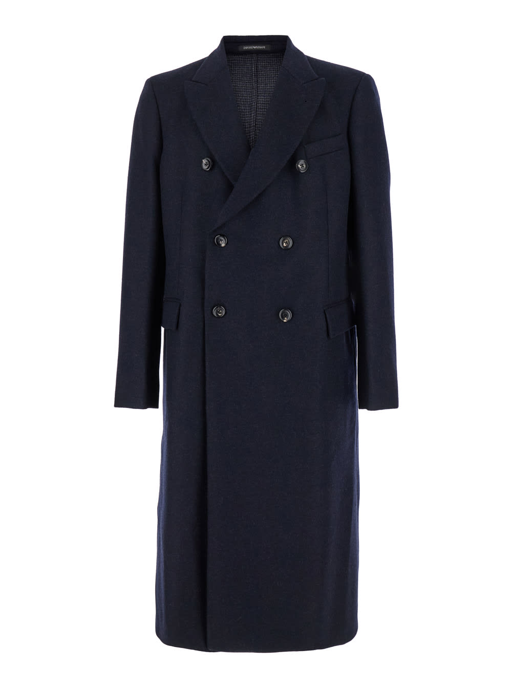 Shop Emporio Armani Blue Double-breasted Long Coat With Peak Revers In Wool Man