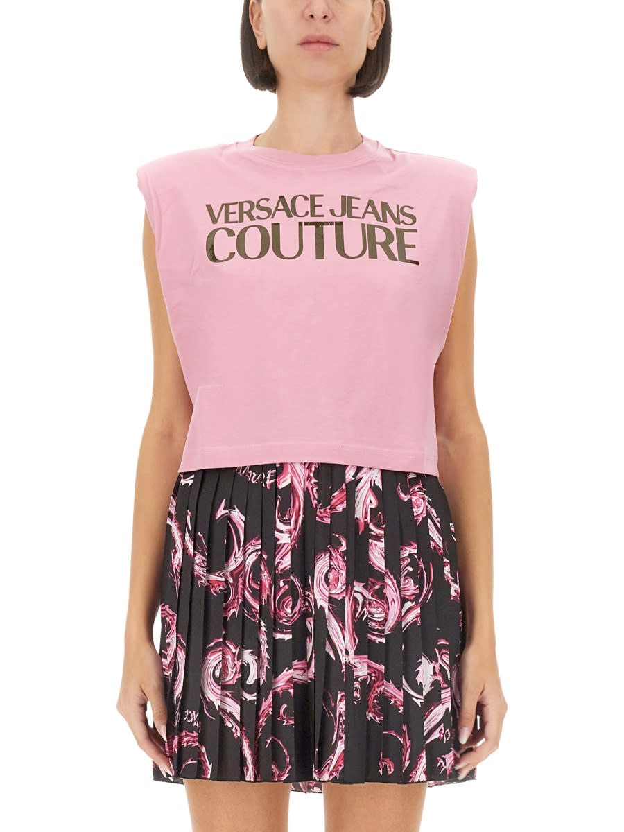 Versace Jeans Couture Graphic Print Pleated Mini Skirt In Pink