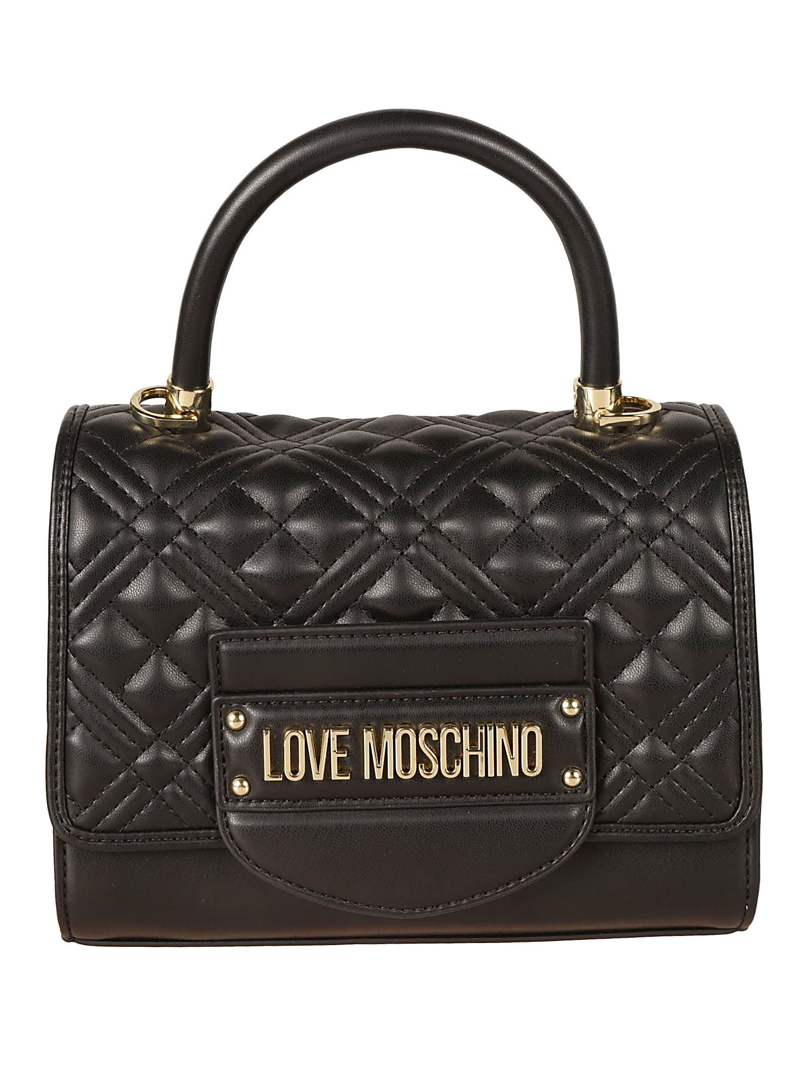 Shop Love Moschino Top Handle Quilted Logo Shoulder Bag In Black