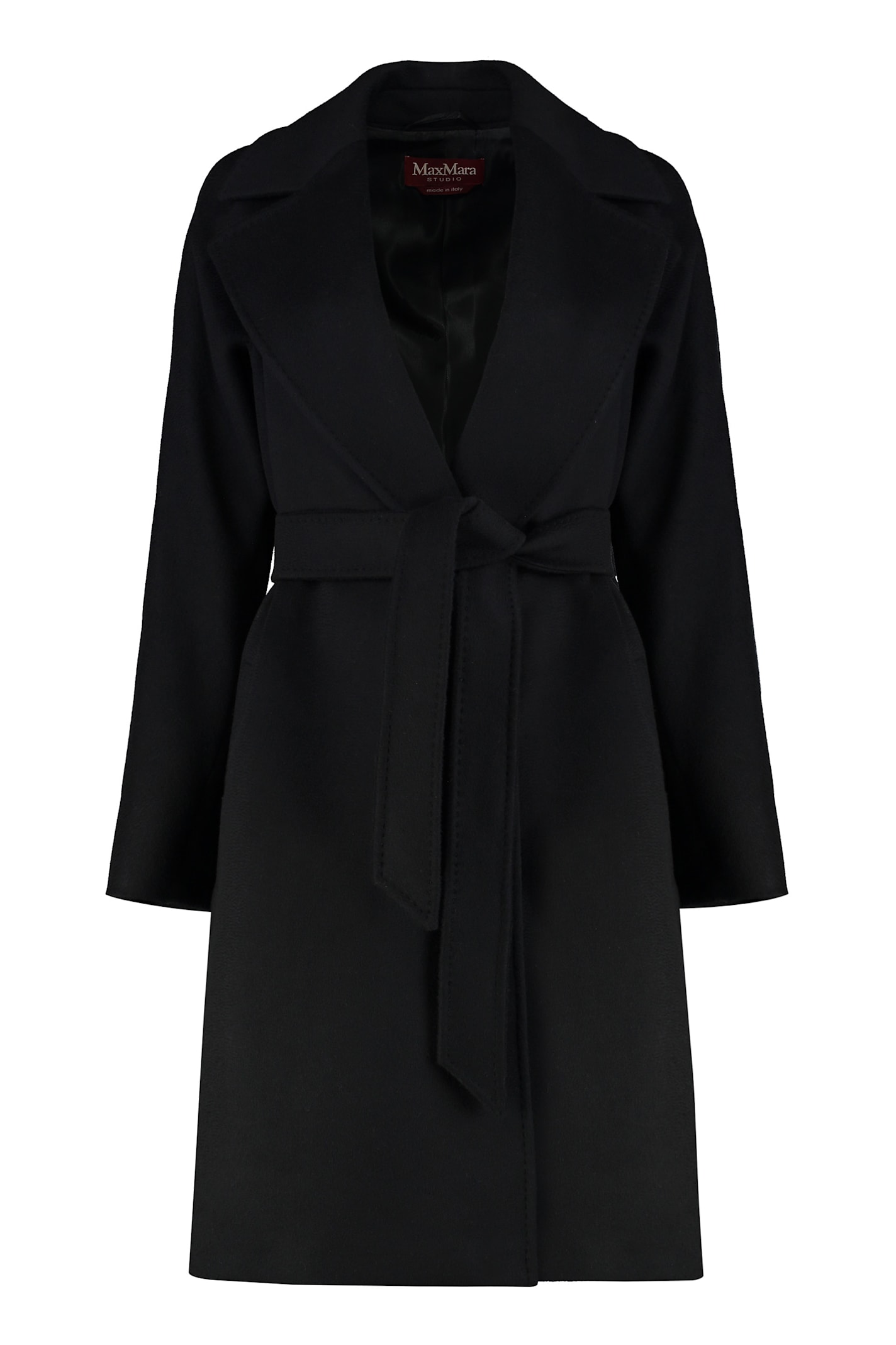 Max Mara Waist Belted Long Length Lapels Pockets In Black