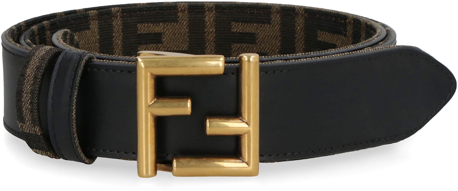 Fendi Leather And Ff Fabric Reversible Belt In Black