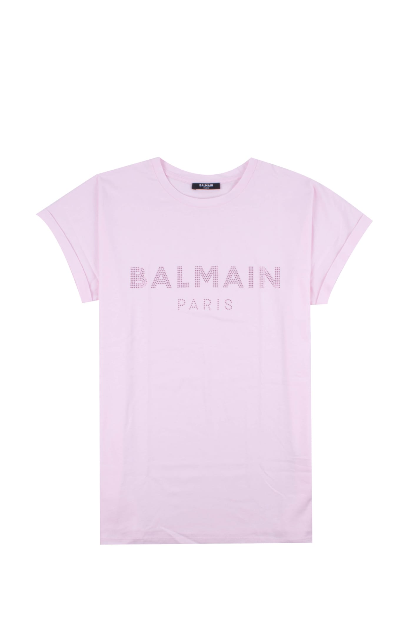 Pale Pink Cotton T-shirt With Rhinestone Balmain Logo