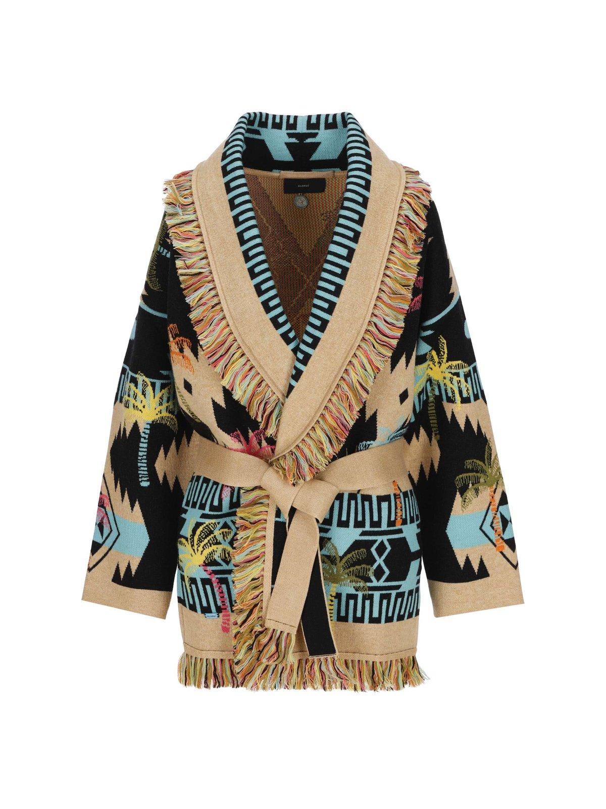 ALANUI GRAPHIC PATTERN BELTED FRINGED CARDIGAN