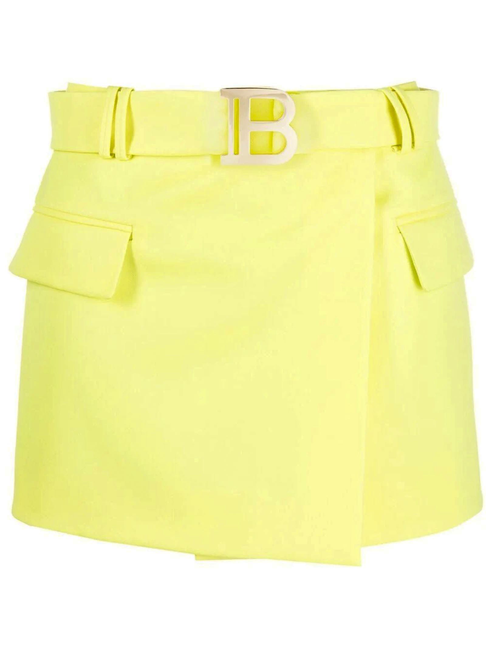 Balmain Short Lime Green Grain De Poudre Fabric Skirt
