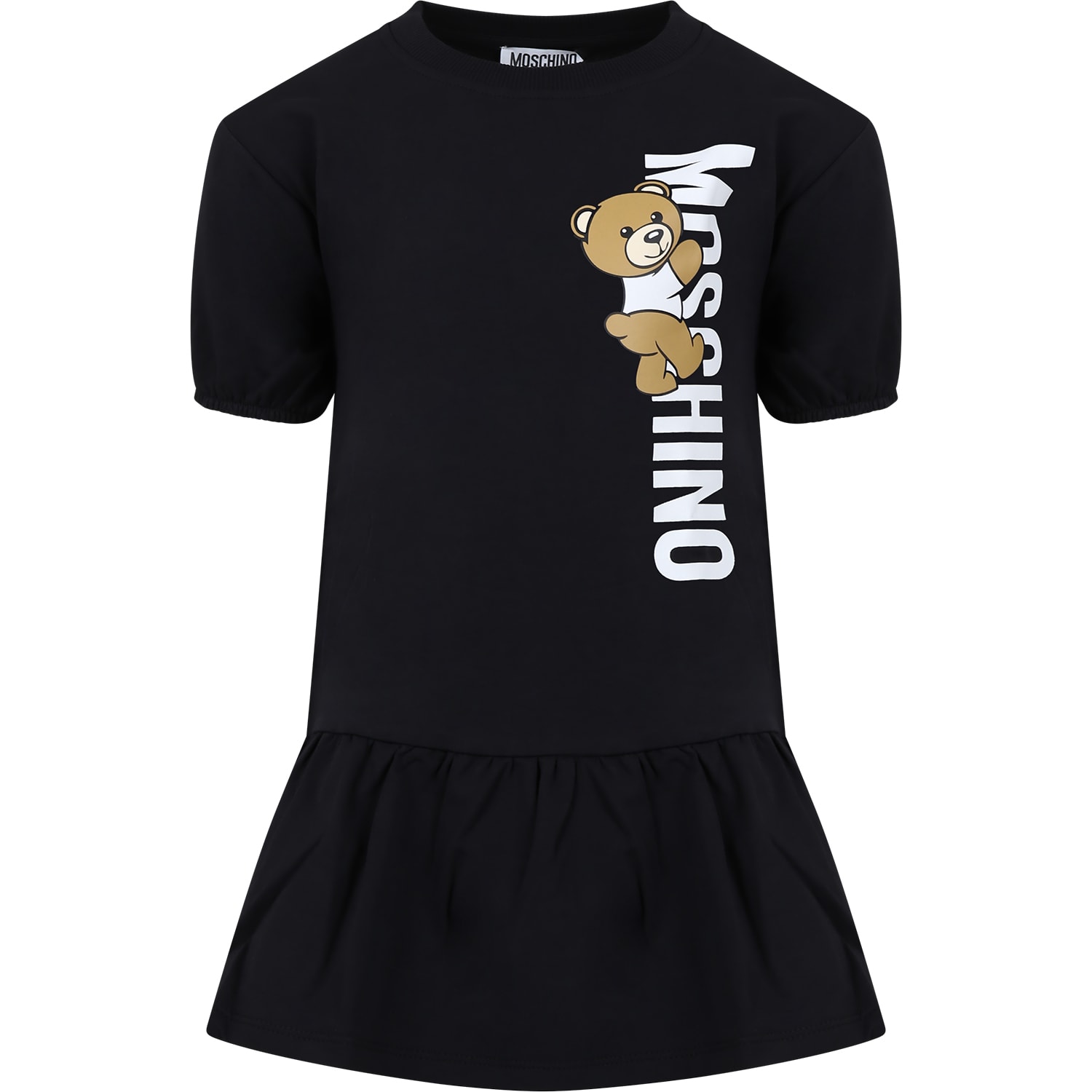 Shop Moschino Black Dress For Girl With Teddy Bear And Logo