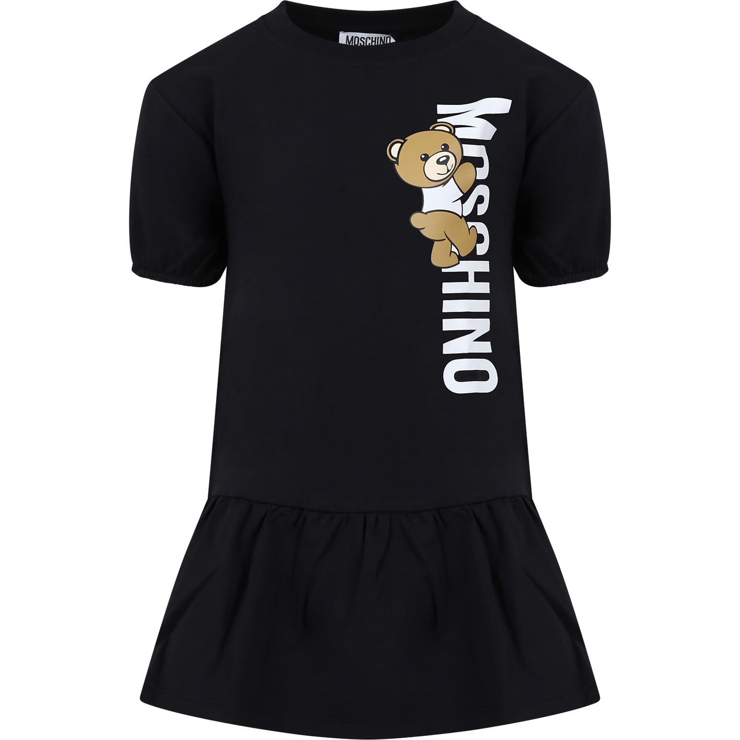 MOSCHINO BLACK DRESS FOR GIRL WITH TEDDY BEAR AND LOGO