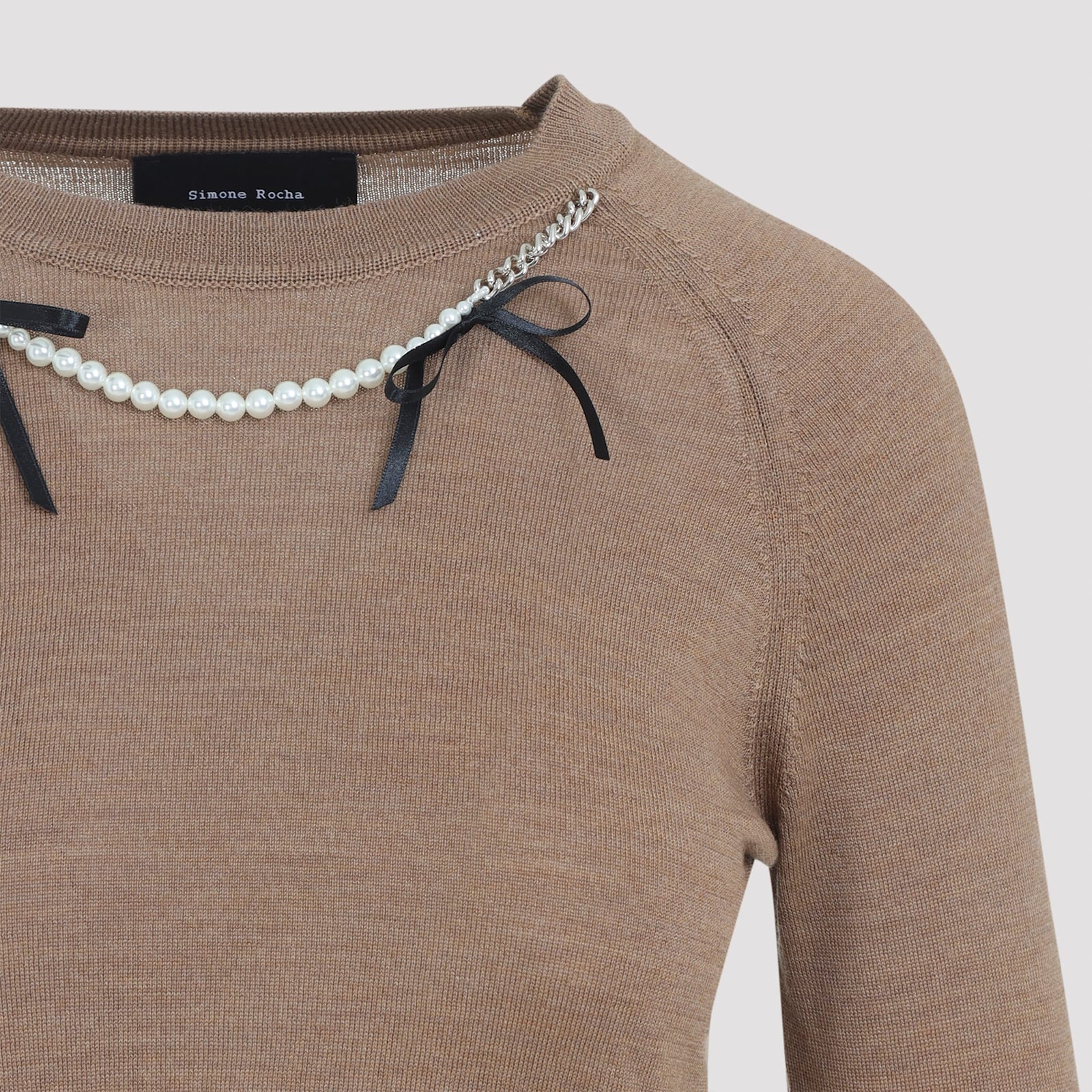 Simone Rocha Fitted Long-sleeve Sweater With Pearl Accents And Ribbon Detail In Gold