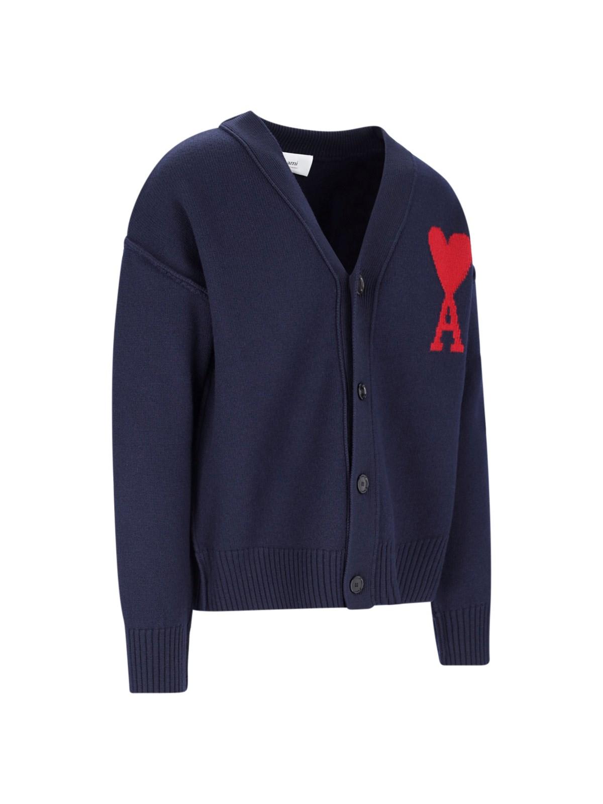 Shop Ami Alexandre Mattiussi Logo Cardigan In Night Blue Red