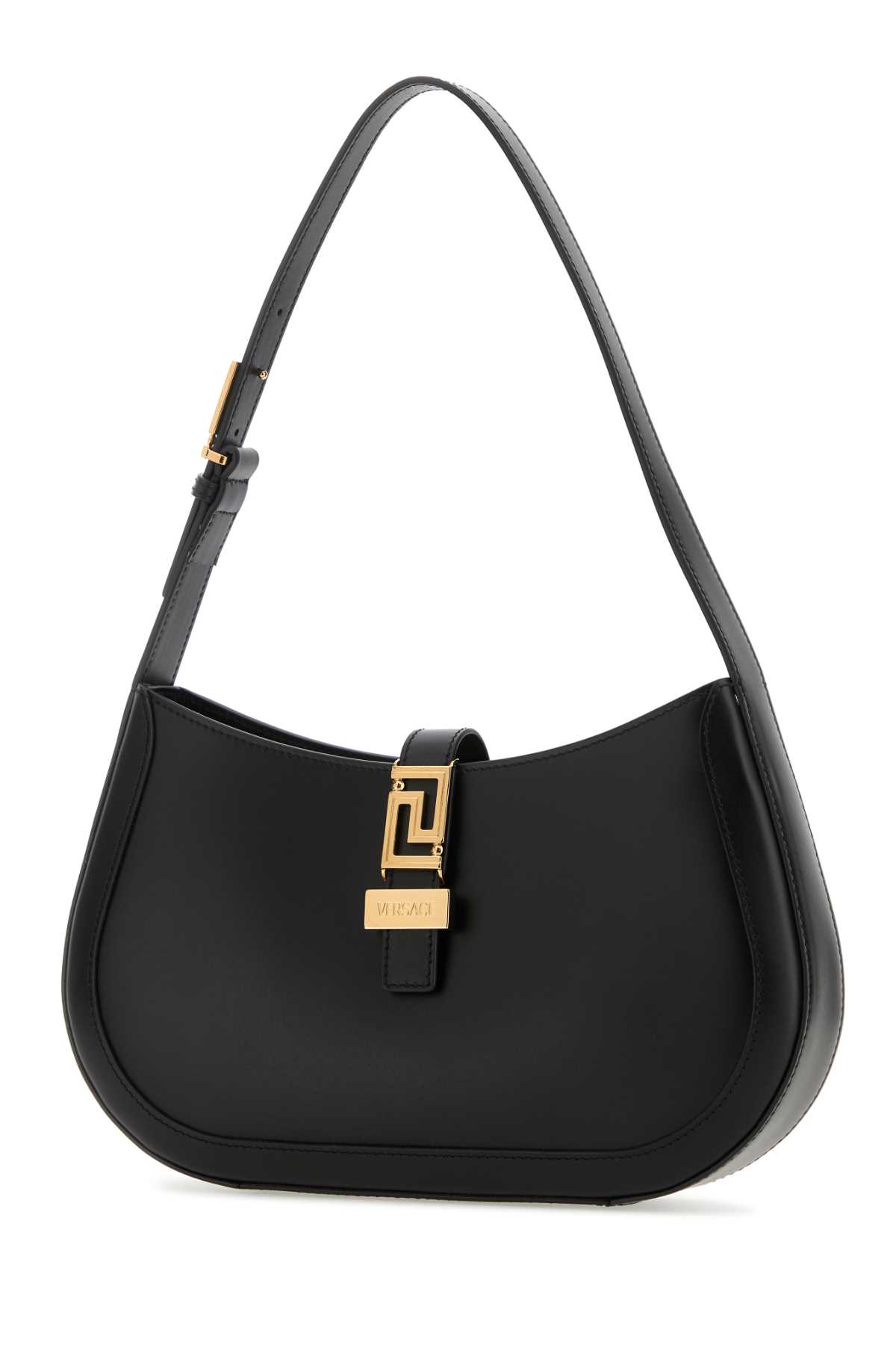 Shop Versace Black Leather Greca Goddess Shoulder Bag In Blackgold