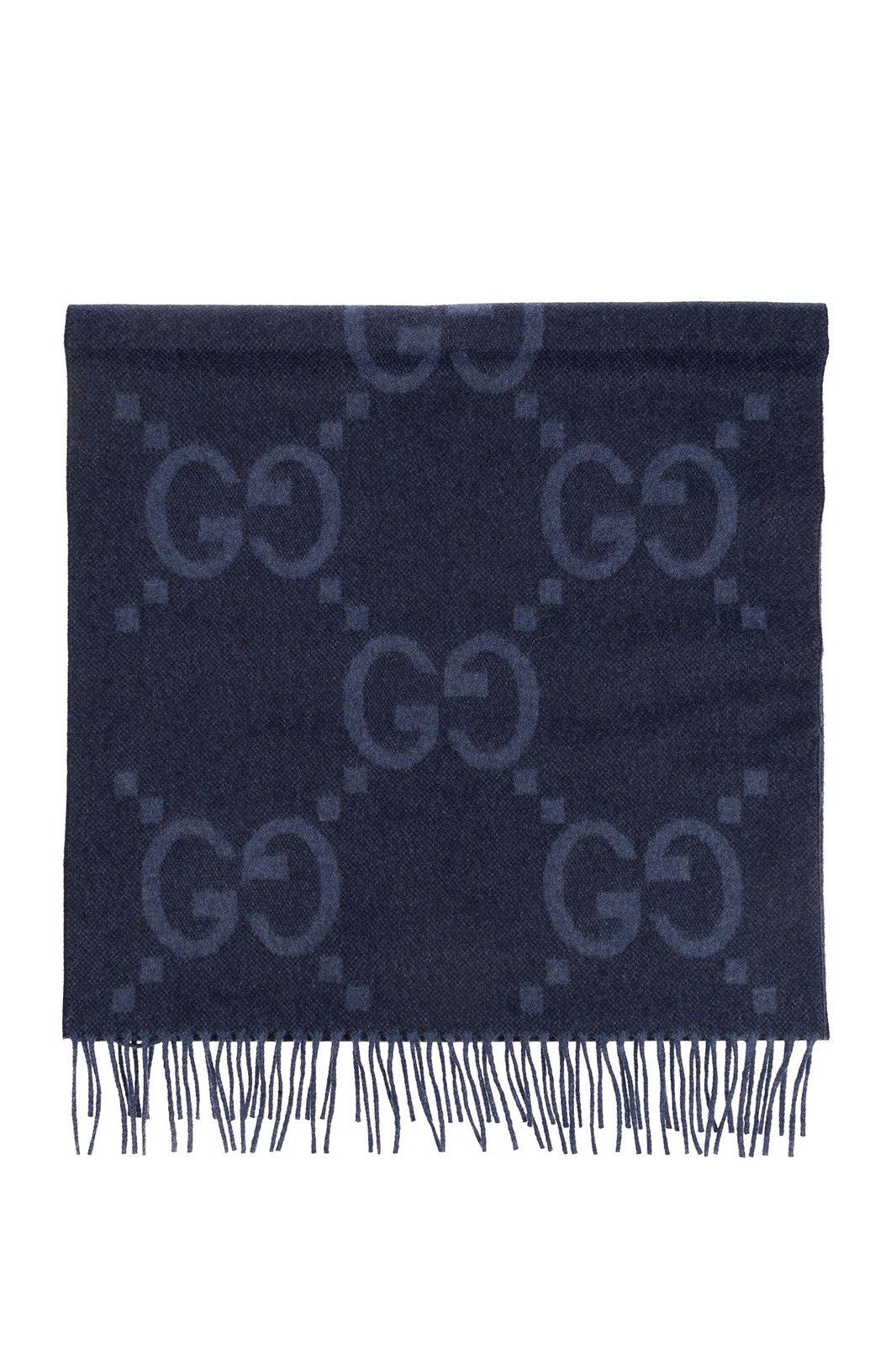 Gucci Gg Jacquard Fringed Scarf In Blue