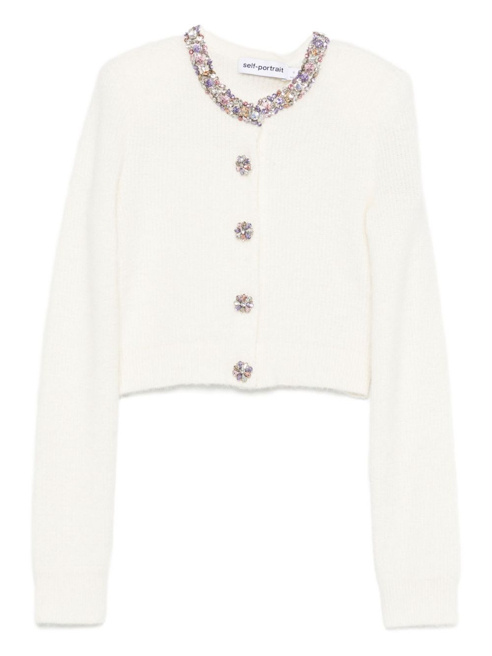 Self-portrait Cardigan With White Decorated Finishes In White