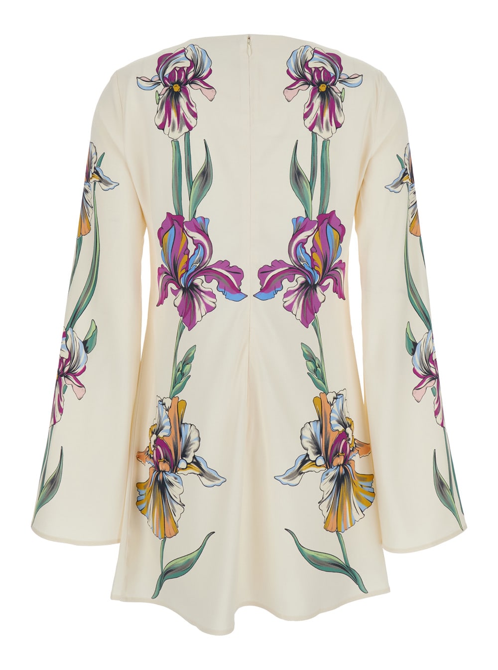 Shop La Doublej Supremes Swing White Mini Dress With Long Flared Sleeves And All-over Floral Print In Viscose Stretc