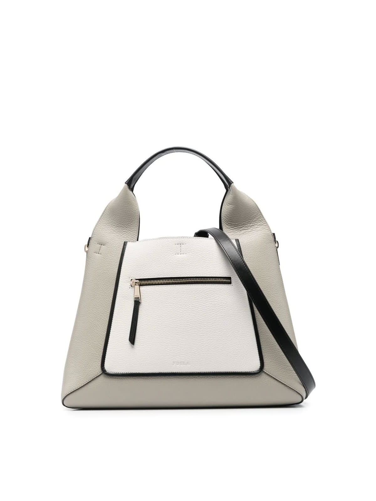 Furla Gilda L Tote W/zip Pocket In S Marble Marshmallow Black