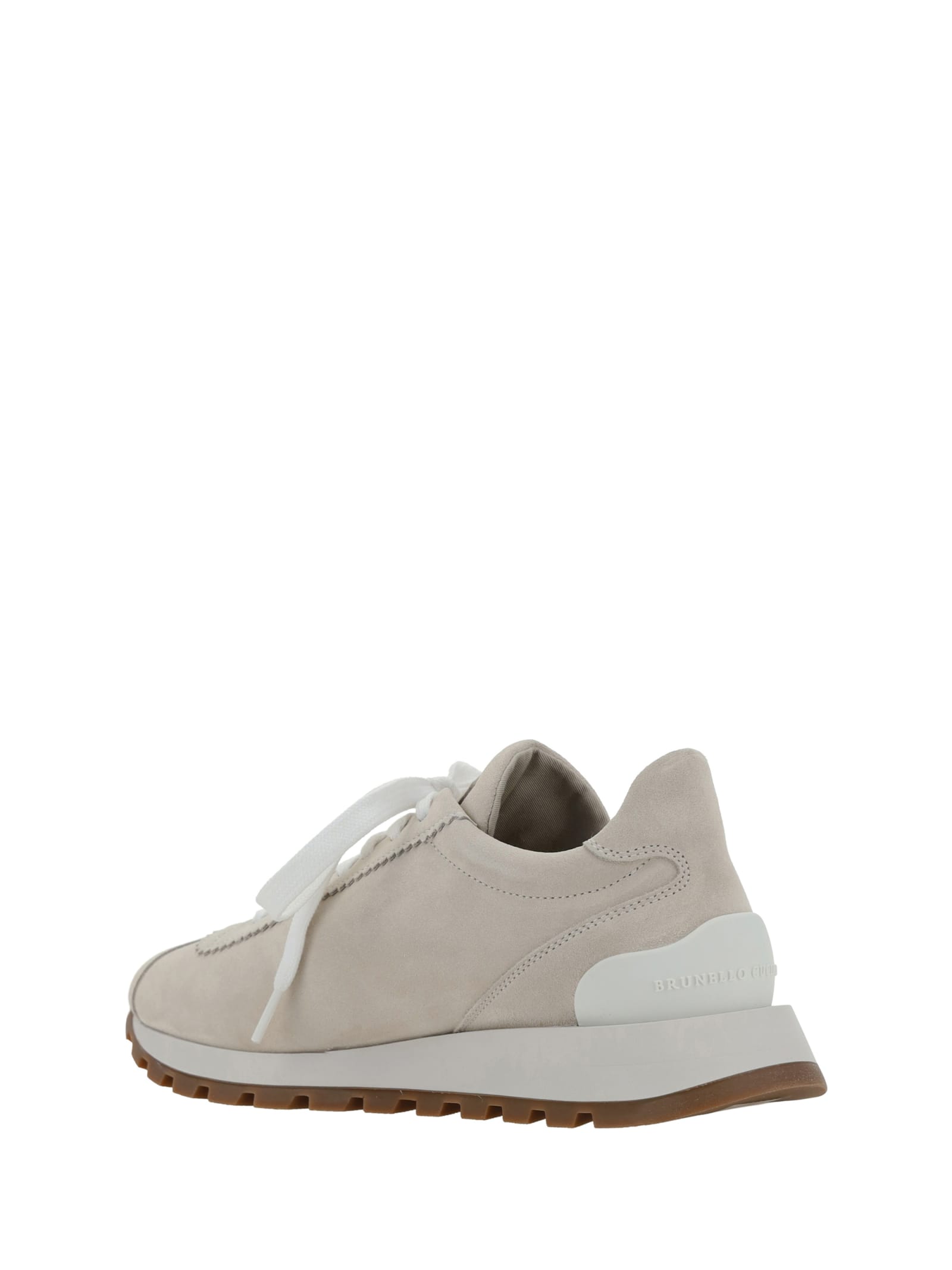 Brunello Cucinelli Beige Low Top Sneakers With Monil Detail On The Side And Embossed Logo Lettering On The Rear In Gray