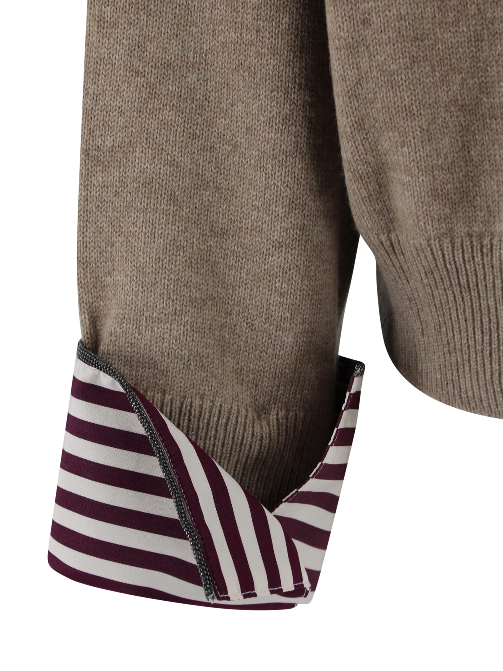 Brunello Cucinelli Cashmere Knit Jumper With Shirt Cuff Accents In Brown