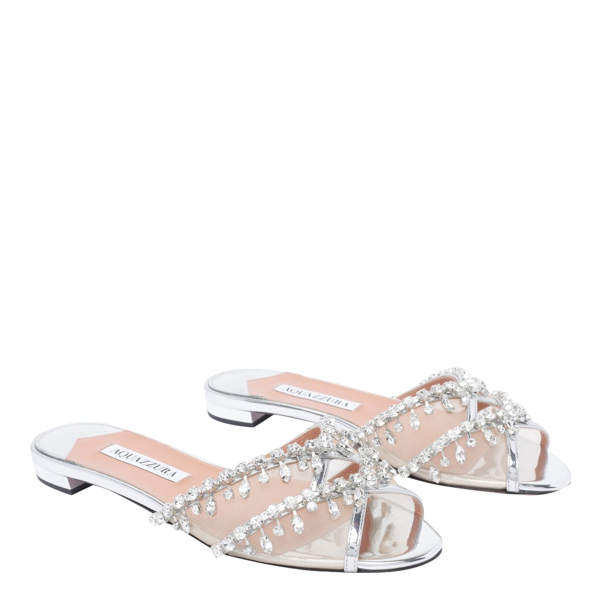 Aquazzura Temptation Crystal-embellished Mesh-trimmed Metallic Leather Slides