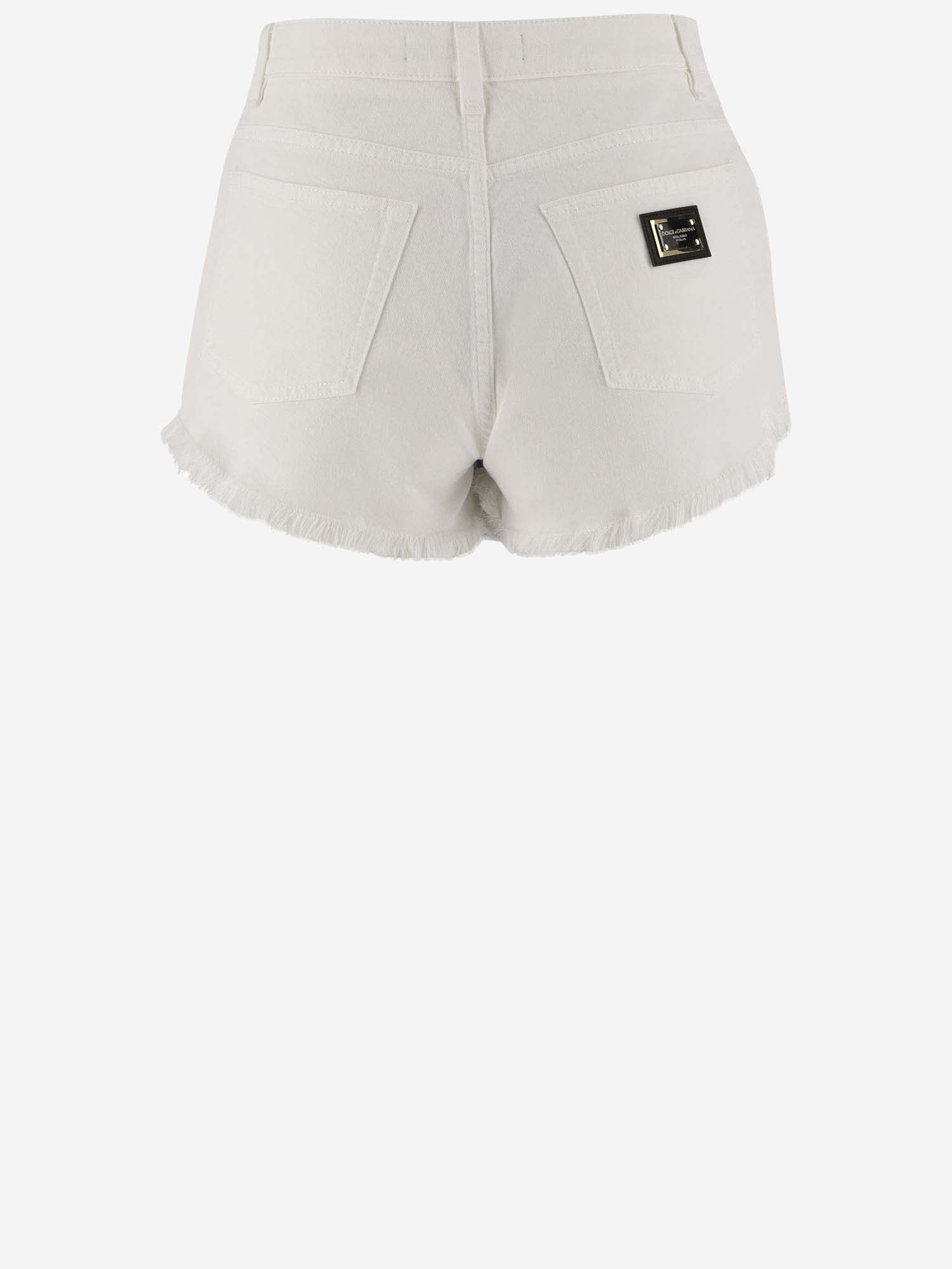 Shop Dolce & Gabbana Cotton Denim Short Pants With Dg Plaque In White