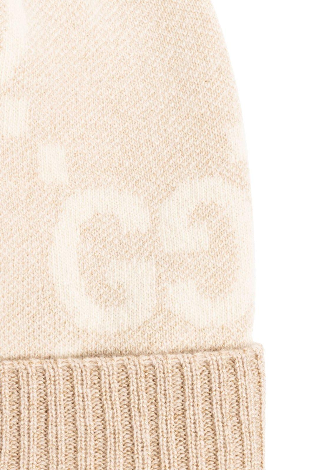 Shop Gucci Gg Damier Jacquard Ribbed Knit Beanie In Camel