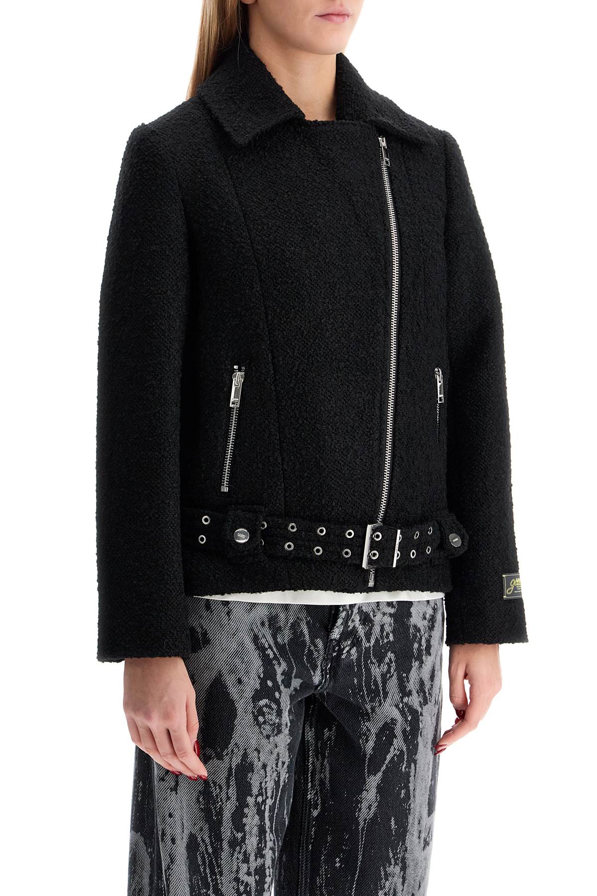 Ganni Boucle Wool Zip-up Biker Jacket In Black (black)