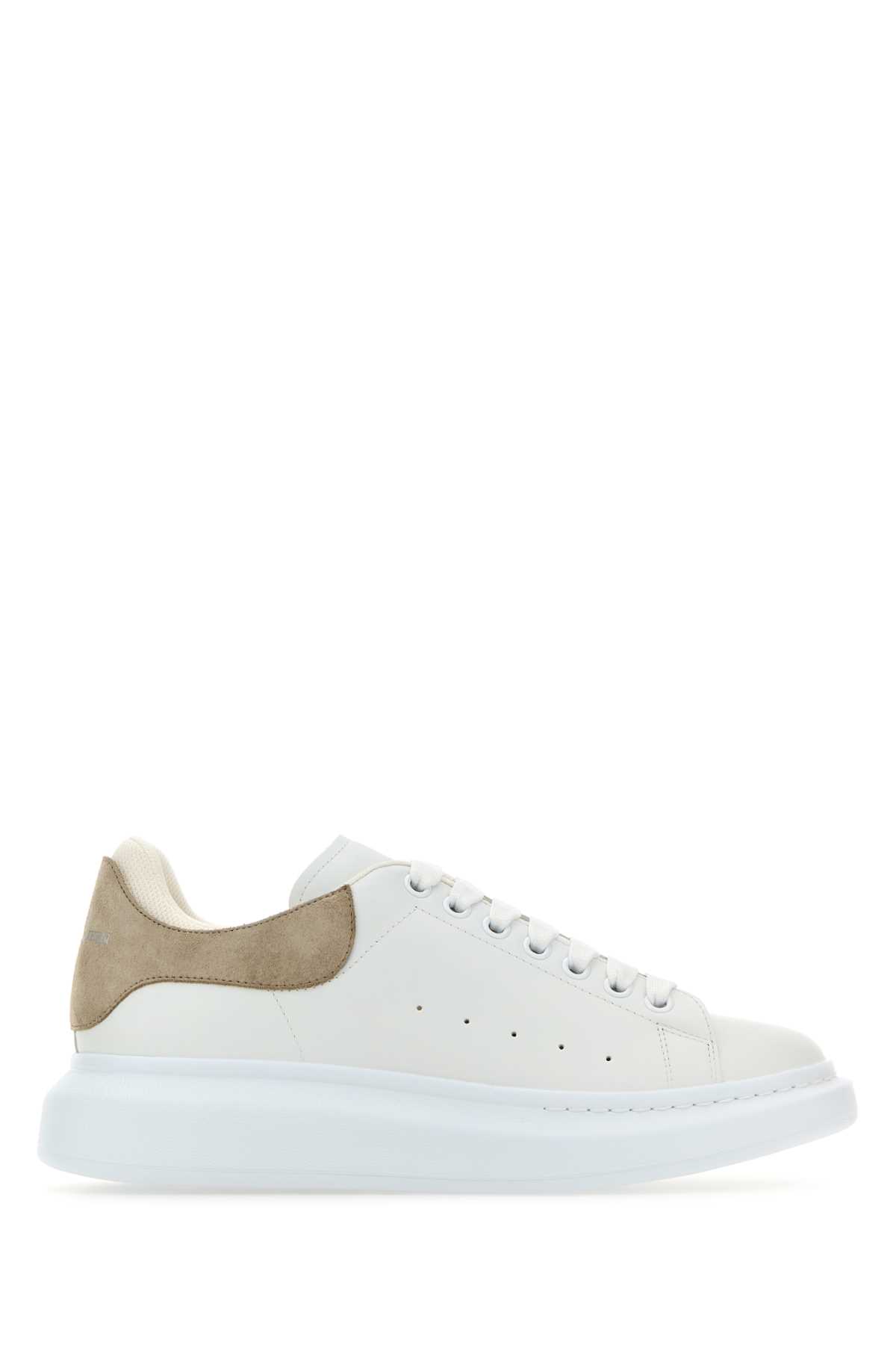 Shop Alexander Mcqueen White Leather Sneakers With Beige Suede Heel In Whitestoneblack