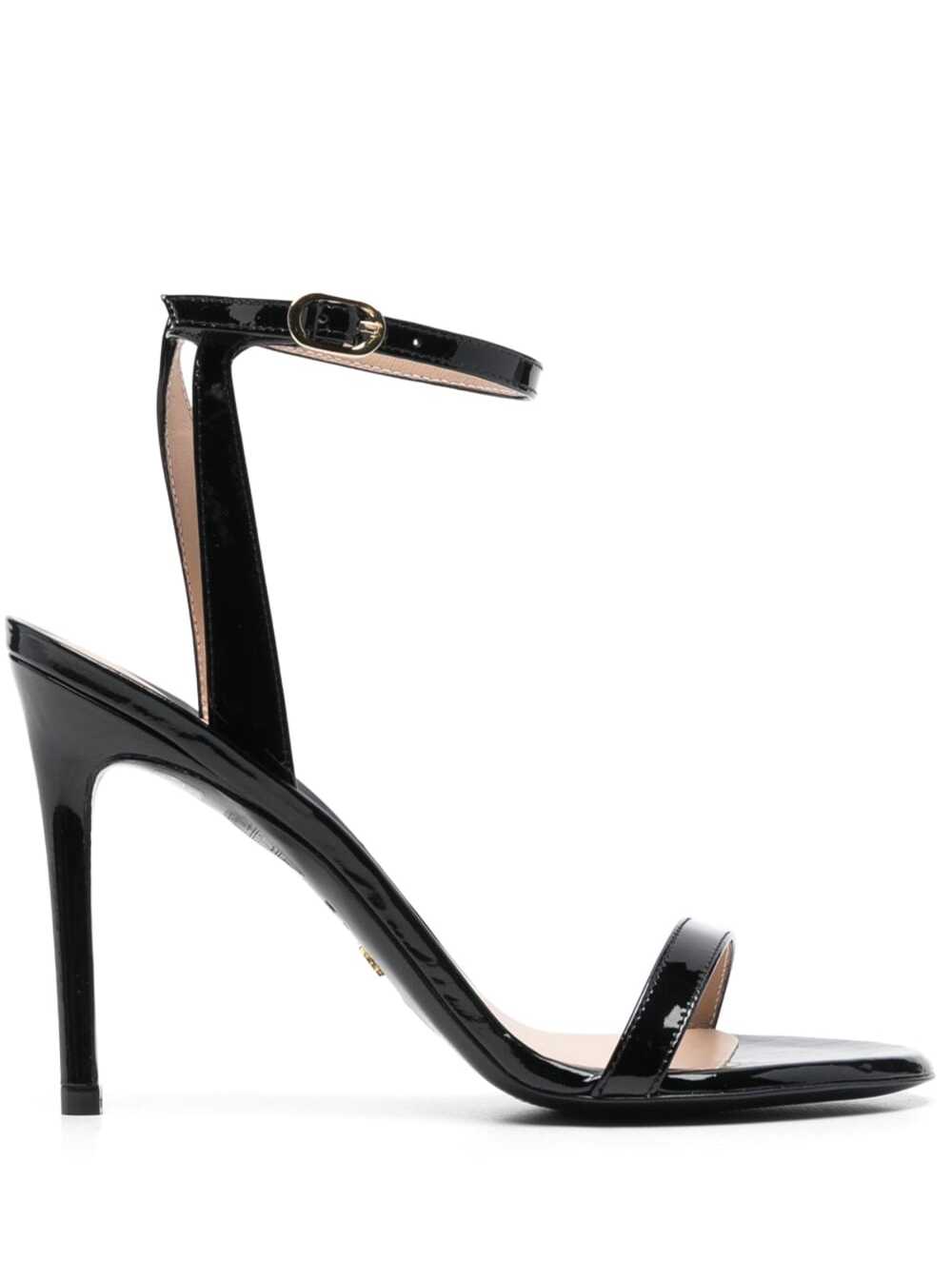 Shop Stuart Weitzman Barely Nude Black Sandals With Stiletto Heel In Patent Leather Woman