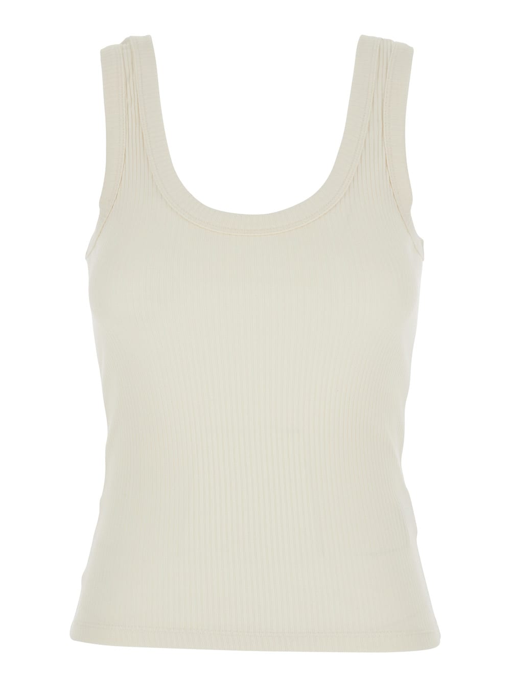 White Ribbed Top With U-neck In Cotton For Woman