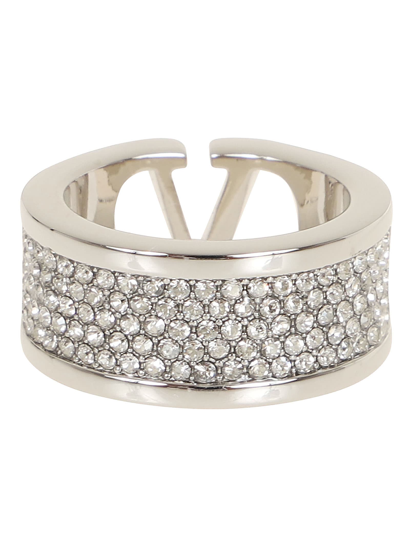 Shop Valentino Ring Vlogo Signature Strass In S Palladium Crystal Silver Shade