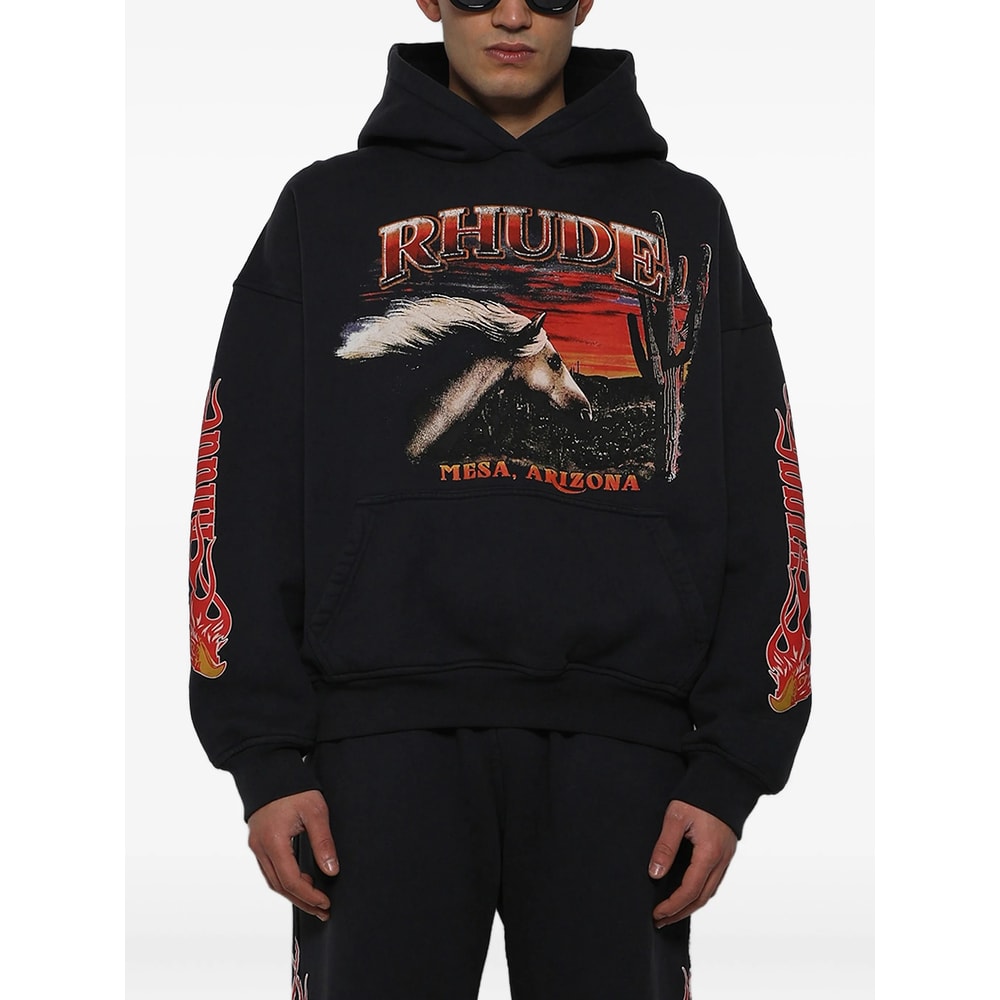 Rhude Stallion Logo-print Hooded Cotton Sweatshirt In Black