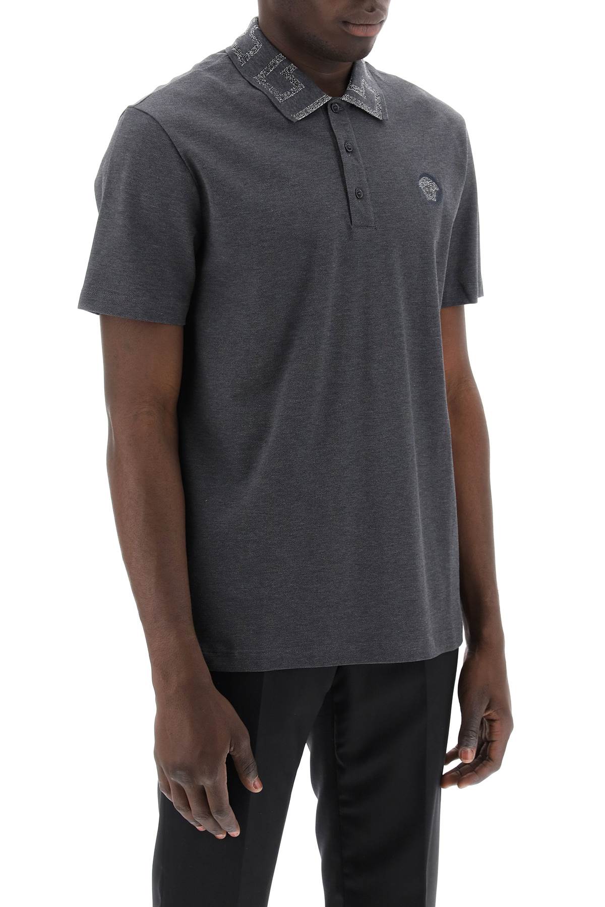 Shop Versace Polo Shirt With Greca Collar In Anthracite (silver)
