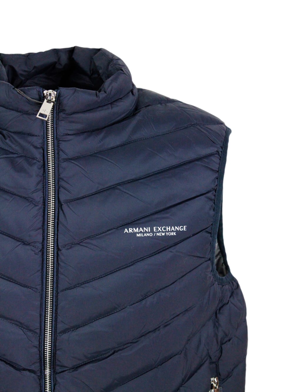 Shop Armani Collezioni Sleeveless Vest In Light Down Jacket With Logoed And Elasticated Bottom And Zip Closure In Blu