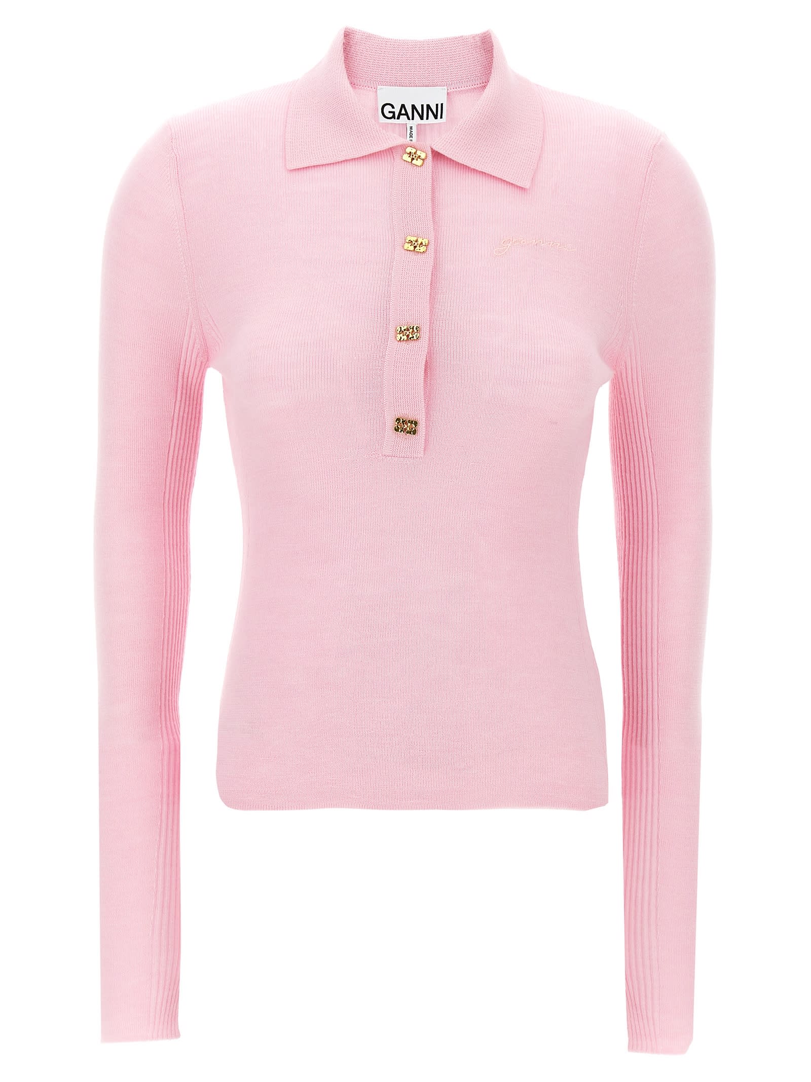 Shop Ganni Logo Embroidery Knitted Polo Shirt In Pink