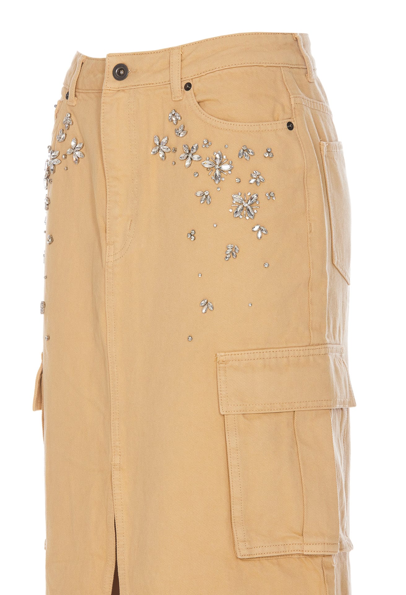 Shop Self-portrait Embellished Denim Cargo Maxi Skirt In Beige