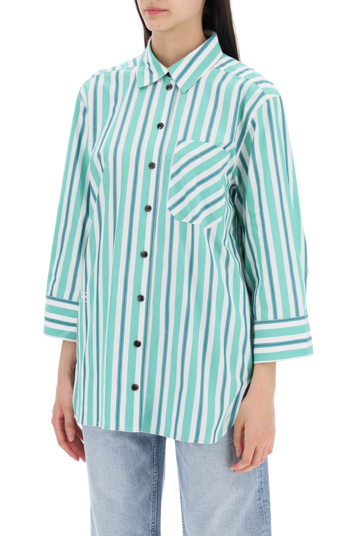 Shop Ganni Oversized Striped Poplin Shirt In Creme De Menthe (white)