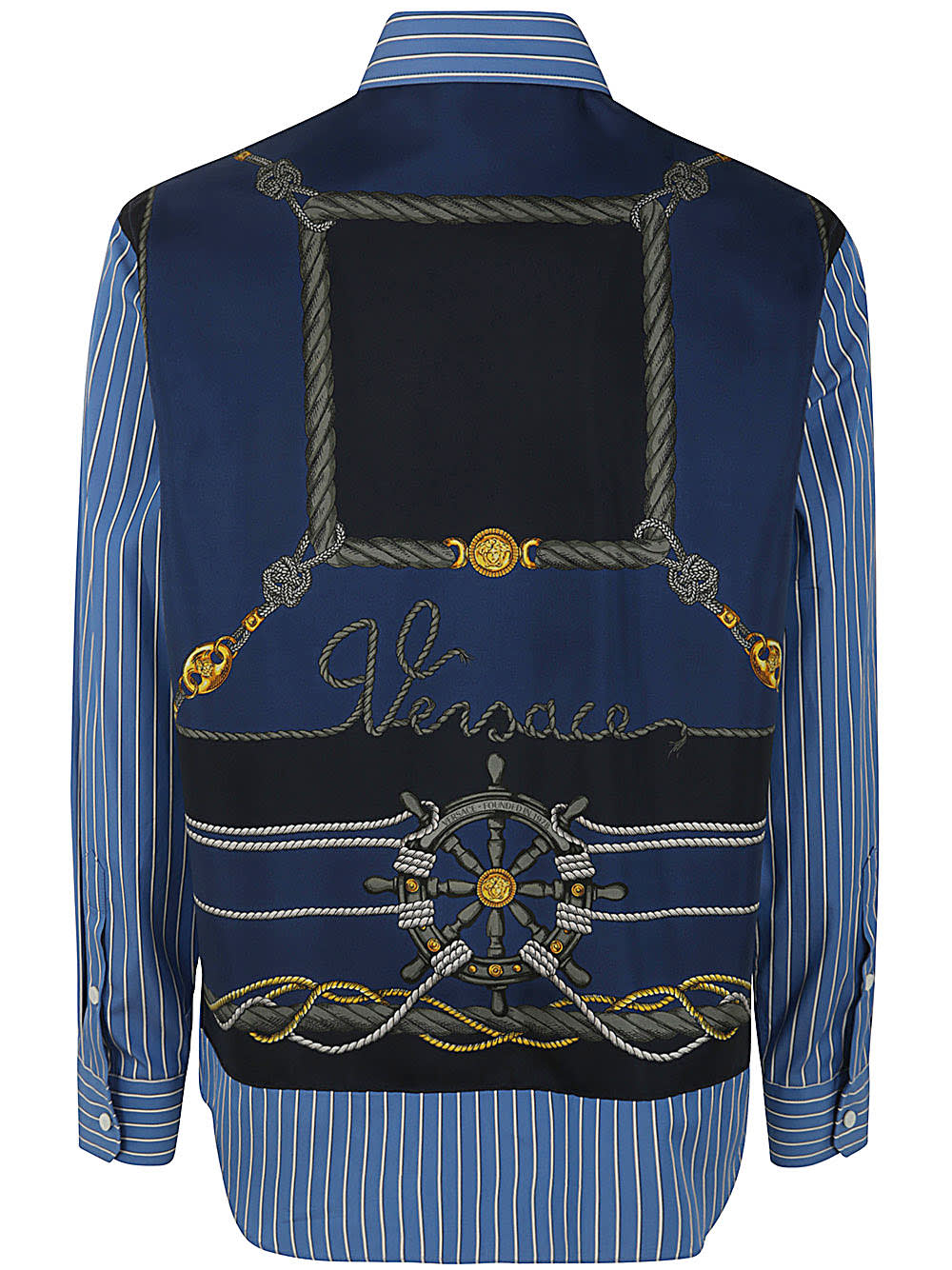 Shop Versace Informal Shirt Striped Poplin Fabric Printed Inserts In Blue Gold