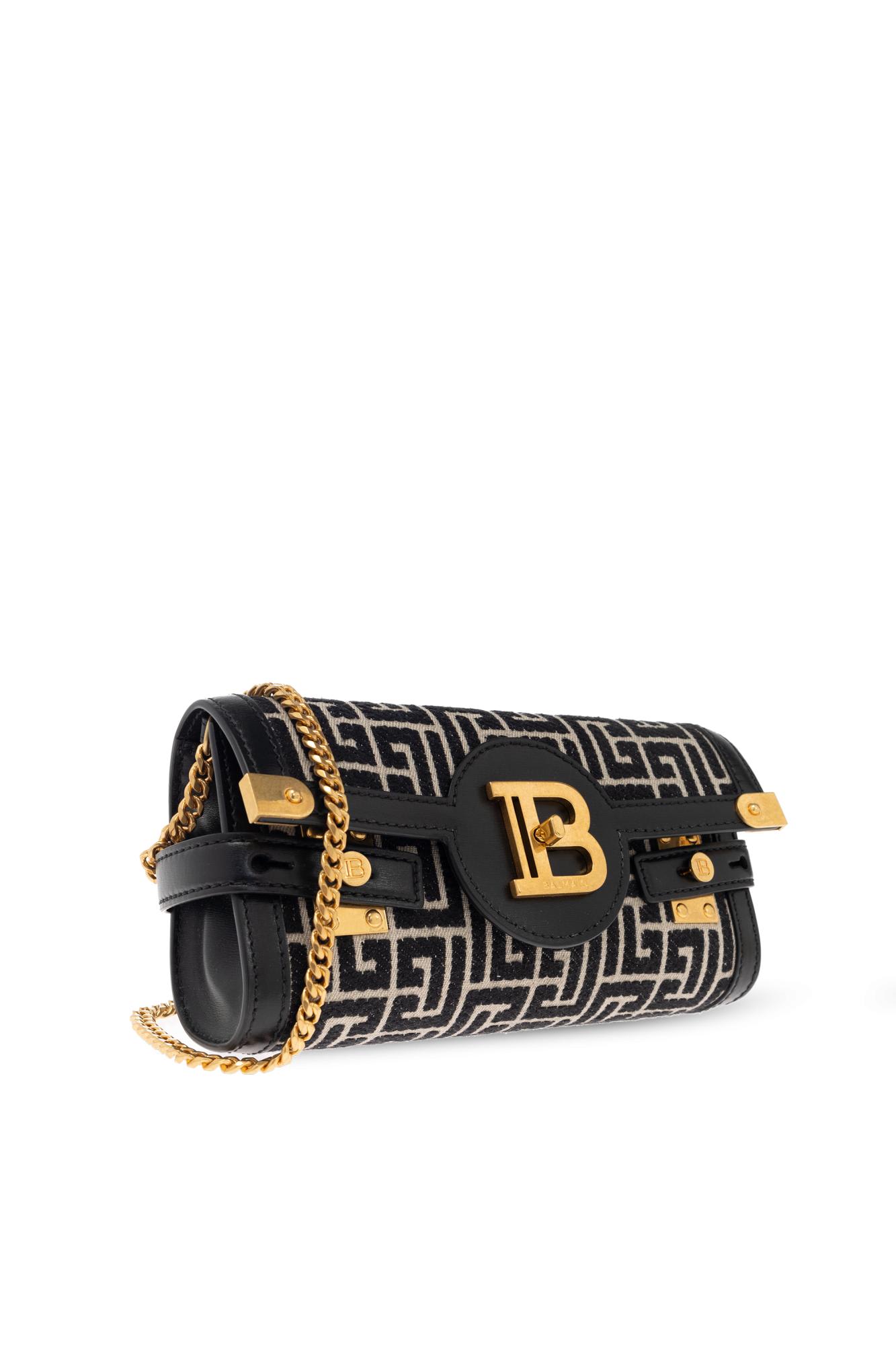 Balmain B-buzz Shoulder 24 Bag In Calfskin And Pb Jacquard Canvas