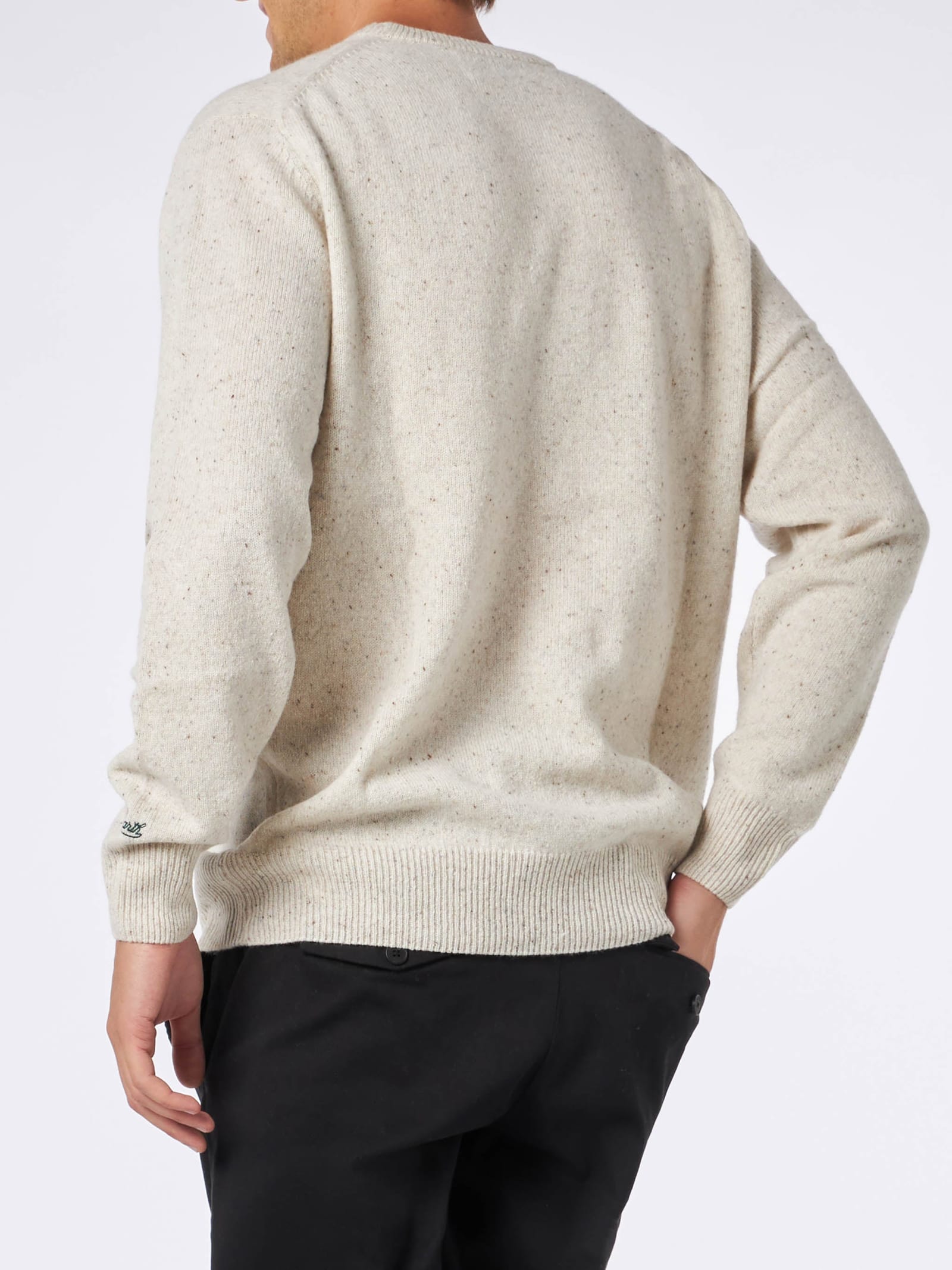 Shop Mc2 Saint Barth Man Crewneck Donegal Sweater With St. Moritz Polo Print In White